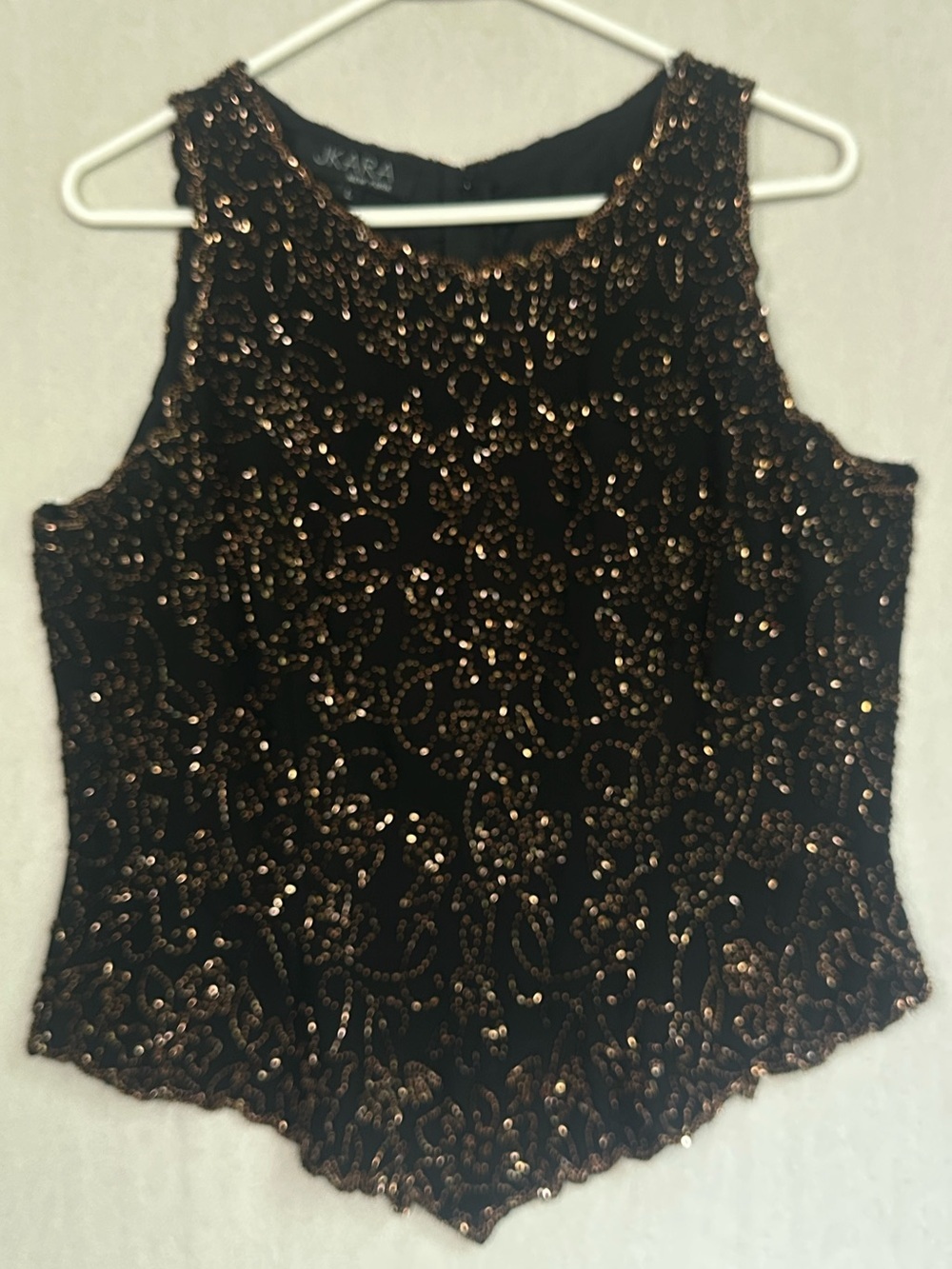 VTG JKARA Black Gold Beaded Heavily Embellished Sleeveless Tank Top Sz L Evening